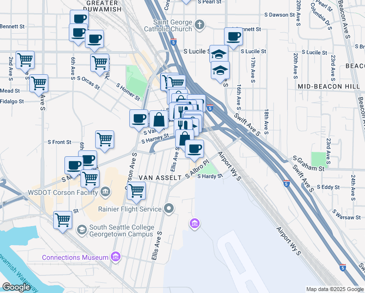 map of restaurants, bars, coffee shops, grocery stores, and more near 6014 12th Avenue South in Seattle