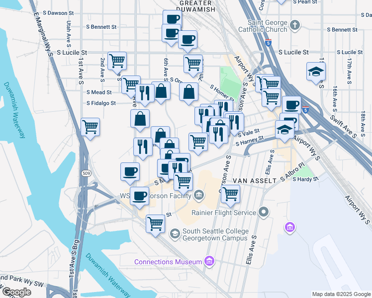 map of restaurants, bars, coffee shops, grocery stores, and more near 6000 6th Avenue South in Seattle