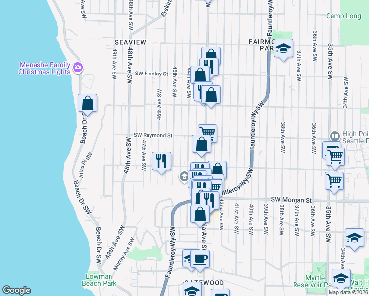 map of restaurants, bars, coffee shops, grocery stores, and more near 4421 Southwest Raymond Street in Seattle