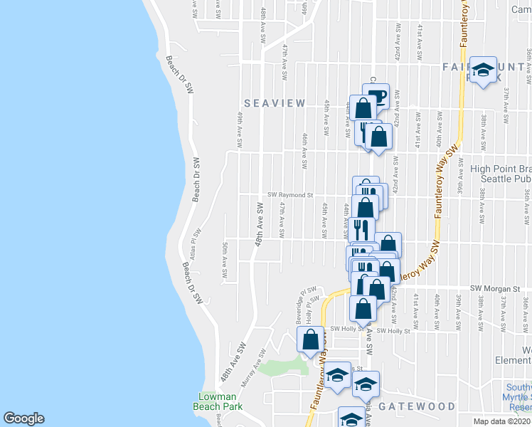 map of restaurants, bars, coffee shops, grocery stores, and more near 6001 48th Avenue Southwest in Seattle