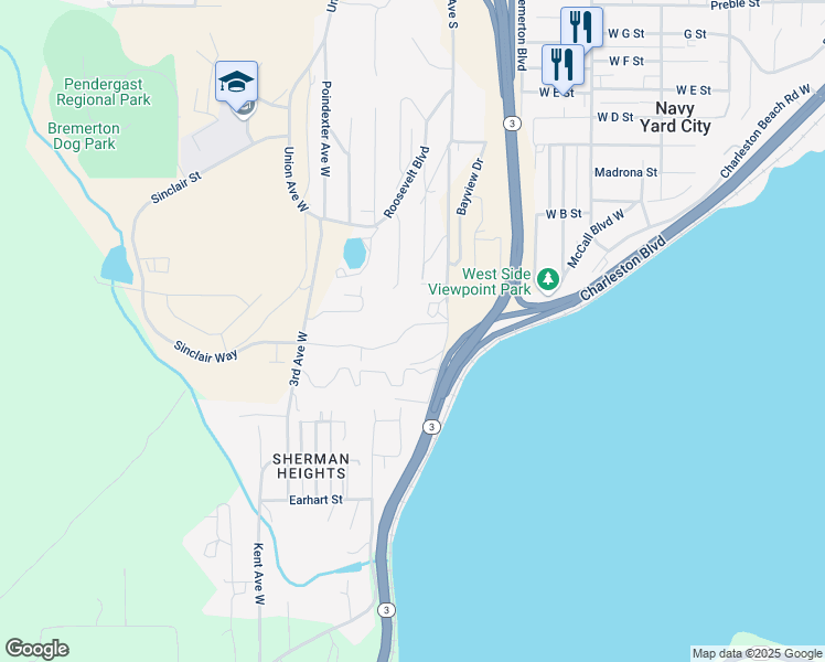 map of restaurants, bars, coffee shops, grocery stores, and more near 1711 Bayview Drive in Bremerton