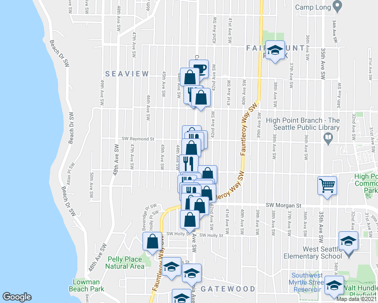 map of restaurants, bars, coffee shops, grocery stores, and more near 6021 California Avenue Southwest in Seattle