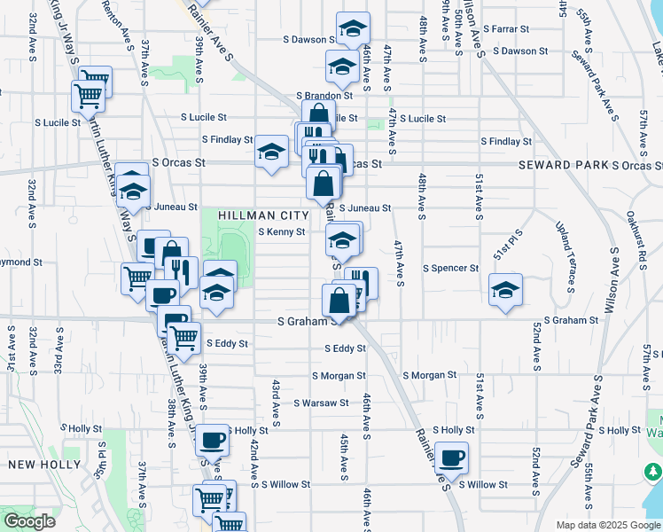 map of restaurants, bars, coffee shops, grocery stores, and more near 5989 Rainier Avenue South in Seattle