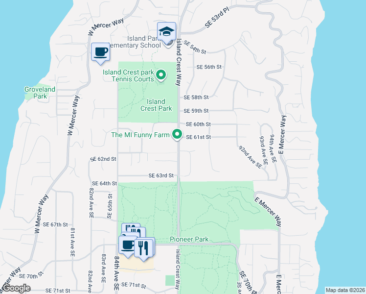 map of restaurants, bars, coffee shops, grocery stores, and more near 8804 Southeast 62nd Street in Mercer Island