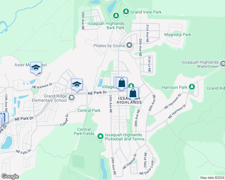 map of restaurants, bars, coffee shops, grocery stores, and more near 2412 Northeast Park Drive in Issaquah
