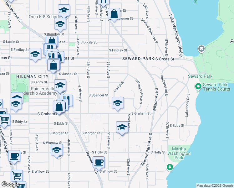 map of restaurants, bars, coffee shops, grocery stores, and more near 6040 51st Place South in Seattle