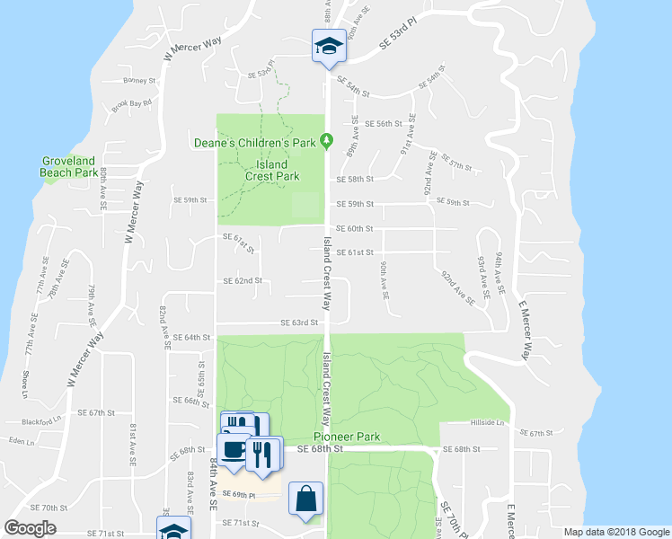 map of restaurants, bars, coffee shops, grocery stores, and more near 8804 Southeast 62nd Street in Mercer Island