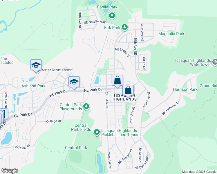 map of restaurants, bars, coffee shops, grocery stores, and more near 2412 Northeast Park Drive in Issaquah