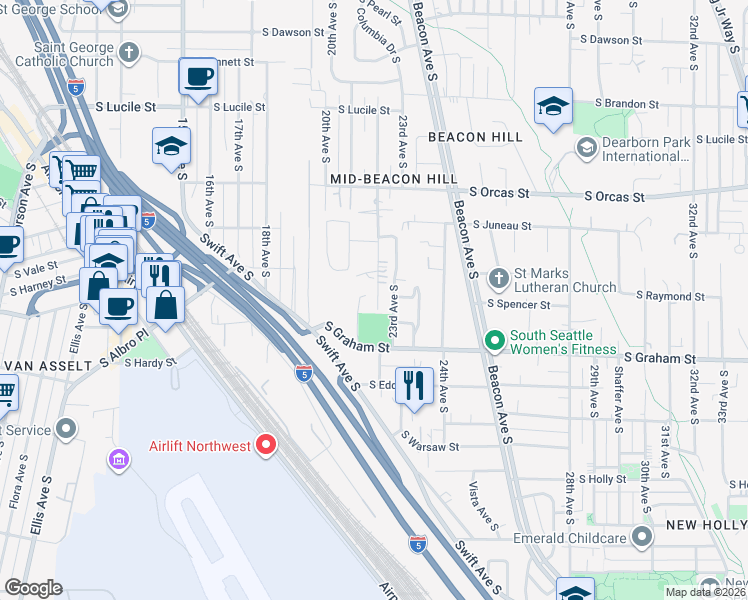 map of restaurants, bars, coffee shops, grocery stores, and more near 6030-1/2 21st Avenue South in Seattle