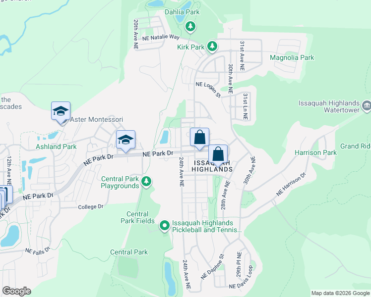 map of restaurants, bars, coffee shops, grocery stores, and more near 2420 Northeast Park Drive in Issaquah