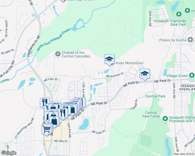 map of restaurants, bars, coffee shops, grocery stores, and more near 1422 Northeast Katsura Street in Issaquah