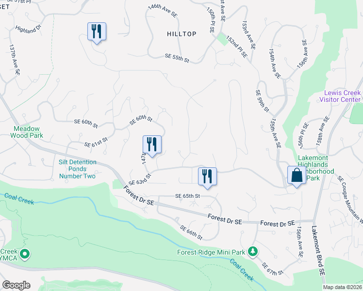map of restaurants, bars, coffee shops, grocery stores, and more near 14812 Southeast 62nd Court in Bellevue