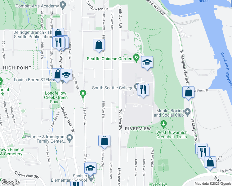 map of restaurants, bars, coffee shops, grocery stores, and more near 6000 17th Avenue Southwest in Seattle