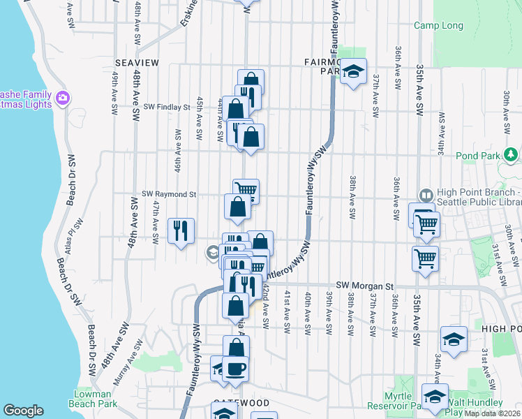 map of restaurants, bars, coffee shops, grocery stores, and more near 4214 Southwest Raymond Street in Seattle