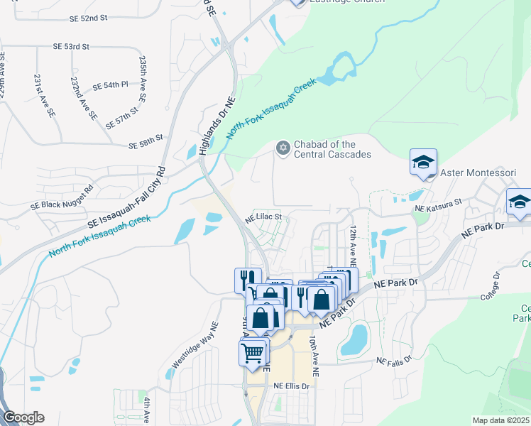 map of restaurants, bars, coffee shops, grocery stores, and more near 916 Northeast Lilac Street in Issaquah