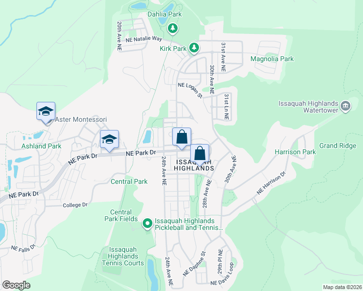 map of restaurants, bars, coffee shops, grocery stores, and more near 2520 Northeast Park Drive in Issaquah