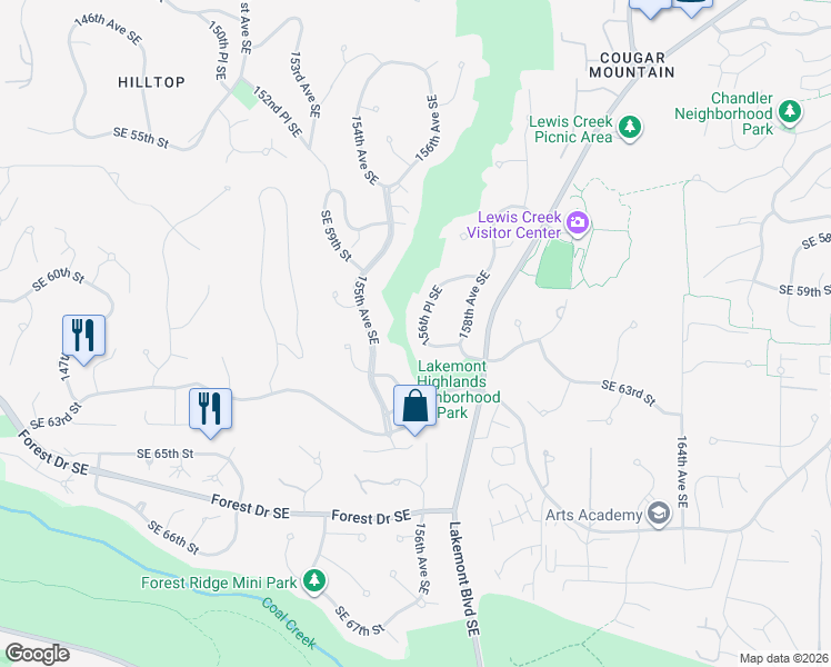 map of restaurants, bars, coffee shops, grocery stores, and more near 6173 156th Place Southeast in Bellevue