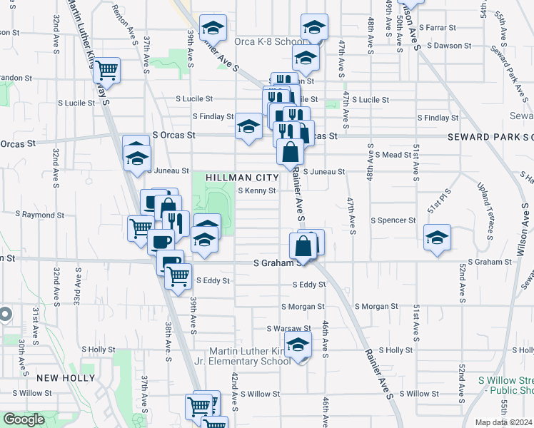 map of restaurants, bars, coffee shops, grocery stores, and more near 4254 South Raymond Street in Seattle