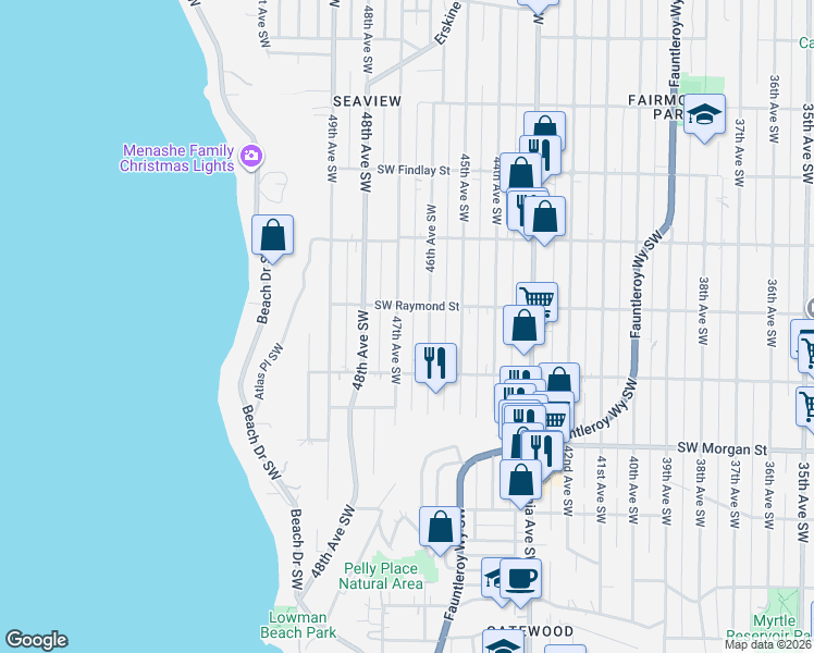 map of restaurants, bars, coffee shops, grocery stores, and more near 6002 47th Avenue Southwest in Seattle