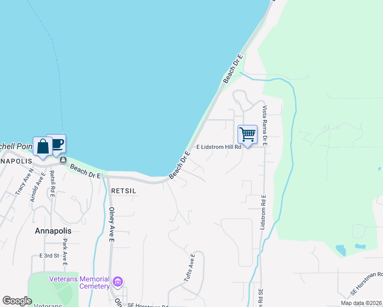 map of restaurants, bars, coffee shops, grocery stores, and more near 1535 Beach Drive East in Port Orchard