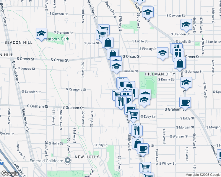 map of restaurants, bars, coffee shops, grocery stores, and more near 5946 36th Avenue South in Seattle