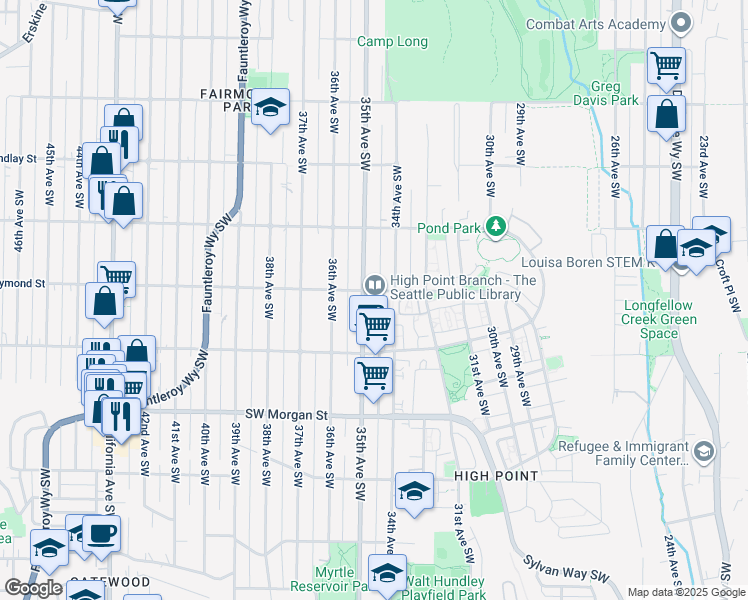 map of restaurants, bars, coffee shops, grocery stores, and more near 3411 Southwest Raymond Street in Seattle