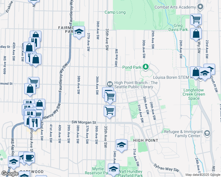 map of restaurants, bars, coffee shops, grocery stores, and more near 3411 Southwest Raymond Street in Seattle