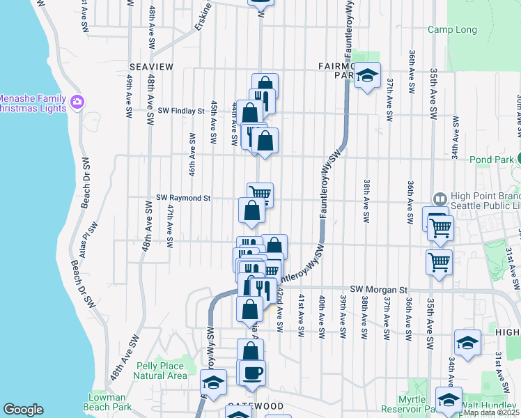 map of restaurants, bars, coffee shops, grocery stores, and more near 4214 Southwest Raymond Street in Seattle