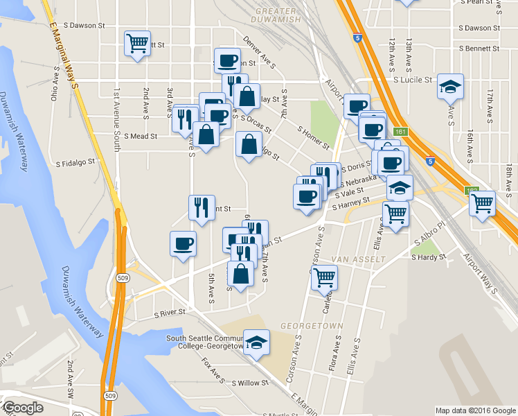 map of restaurants, bars, coffee shops, grocery stores, and more near 6020 6th Avenue South in Seattle