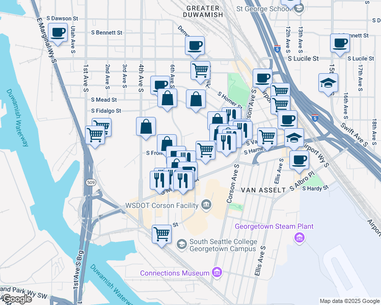 map of restaurants, bars, coffee shops, grocery stores, and more near 6020 6th Avenue South in Seattle