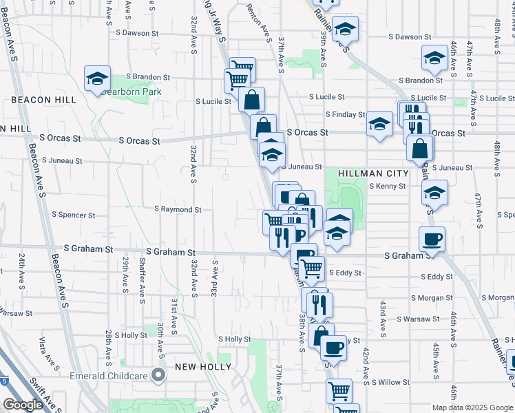 map of restaurants, bars, coffee shops, grocery stores, and more near 5946 36th Avenue South in Seattle