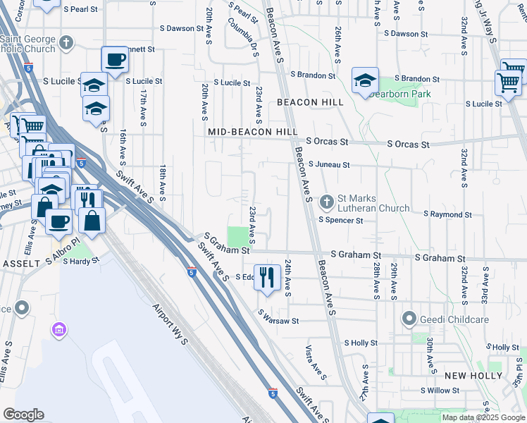 map of restaurants, bars, coffee shops, grocery stores, and more near 5942 23rd Avenue South in Seattle