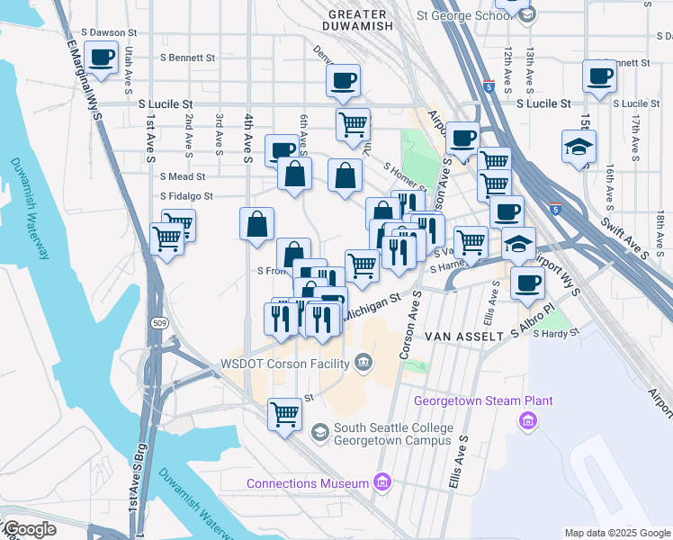 map of restaurants, bars, coffee shops, grocery stores, and more near 6000 6th Ave S in Seattle