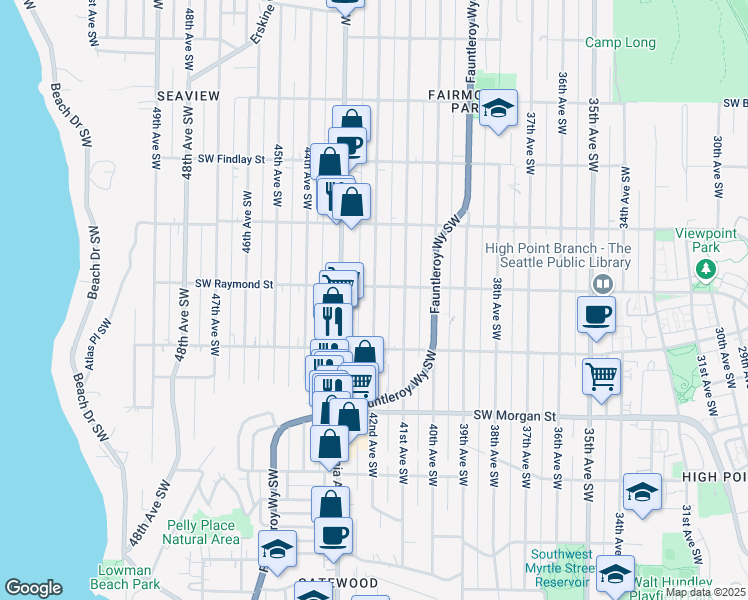 map of restaurants, bars, coffee shops, grocery stores, and more near 4110 Southwest Raymond Street in Seattle