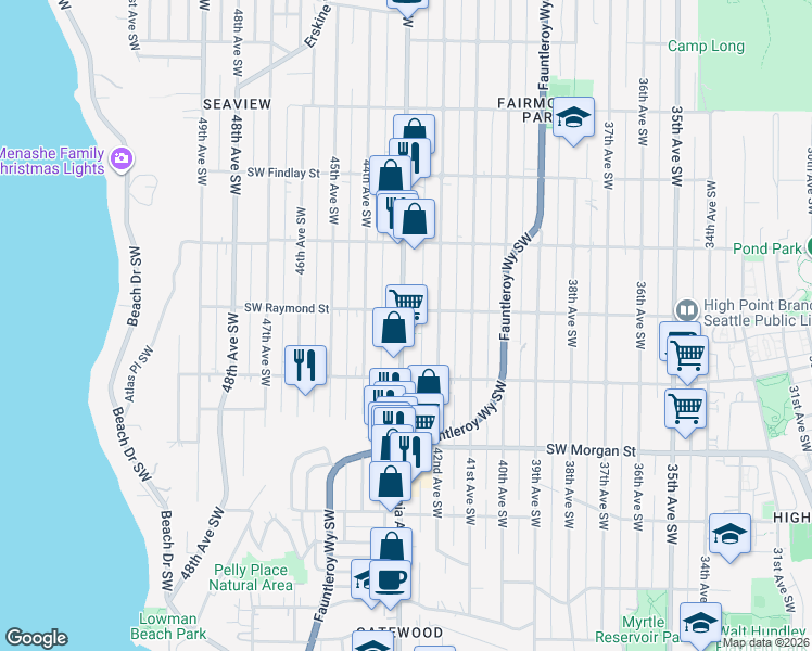 map of restaurants, bars, coffee shops, grocery stores, and more near 4214 Southwest Raymond Street in Seattle