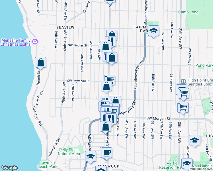 map of restaurants, bars, coffee shops, grocery stores, and more near 4317 Southwest Raymond Street in Seattle