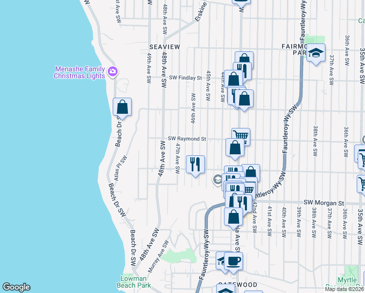 map of restaurants, bars, coffee shops, grocery stores, and more near 6002 47th Avenue Southwest in Seattle