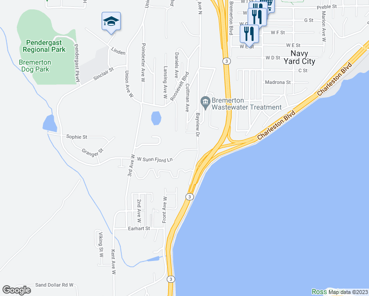 map of restaurants, bars, coffee shops, grocery stores, and more near 1711 Bayview Drive in Bremerton