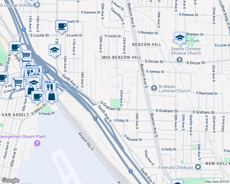 map of restaurants, bars, coffee shops, grocery stores, and more near 5958 22nd Avenue South in Seattle