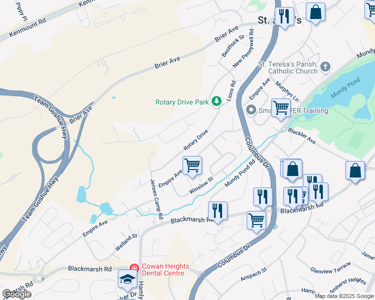map of restaurants, bars, coffee shops, grocery stores, and more near 61 Rotary Drive in St. John's