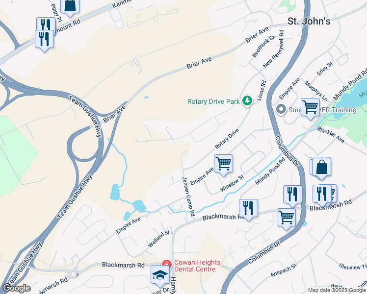 map of restaurants, bars, coffee shops, grocery stores, and more near 99 Jensen Camp Road in St. John's