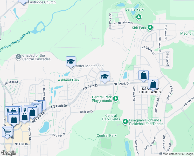 map of restaurants, bars, coffee shops, grocery stores, and more near 1914 Northeast Killian Lane in Issaquah