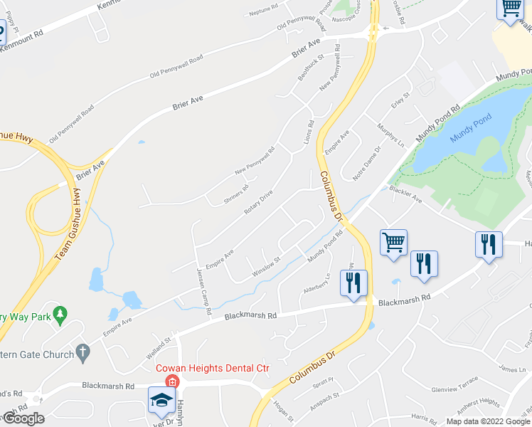 map of restaurants, bars, coffee shops, grocery stores, and more near 556 Empire Avenue in St. John's