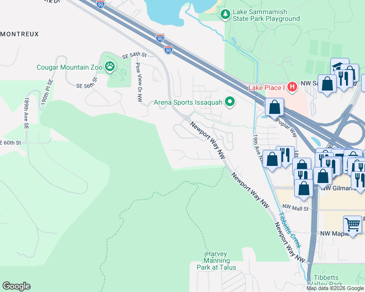 map of restaurants, bars, coffee shops, grocery stores, and more near 2131 Northwest Pacific Yew Place in Issaquah