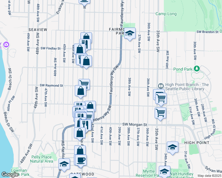 map of restaurants, bars, coffee shops, grocery stores, and more near 5959 Fauntleroy Way Southwest in Seattle