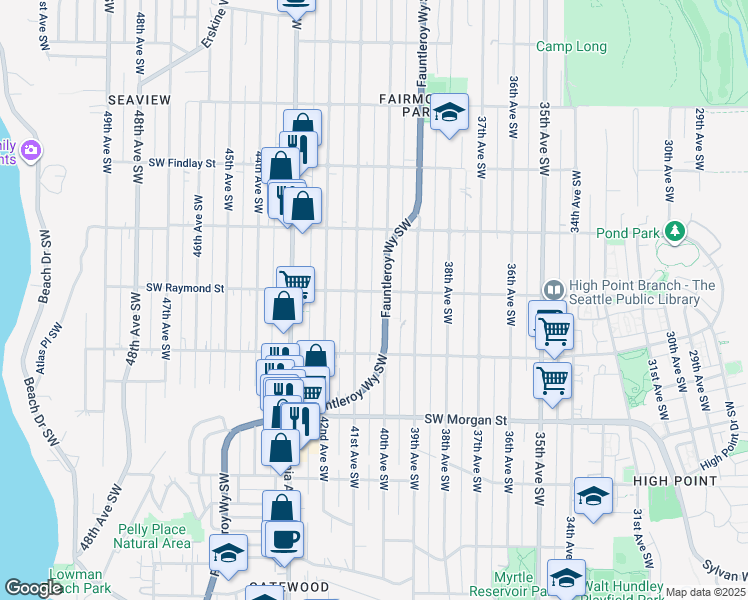 map of restaurants, bars, coffee shops, grocery stores, and more near 5959 Fauntleroy Way Southwest in Seattle