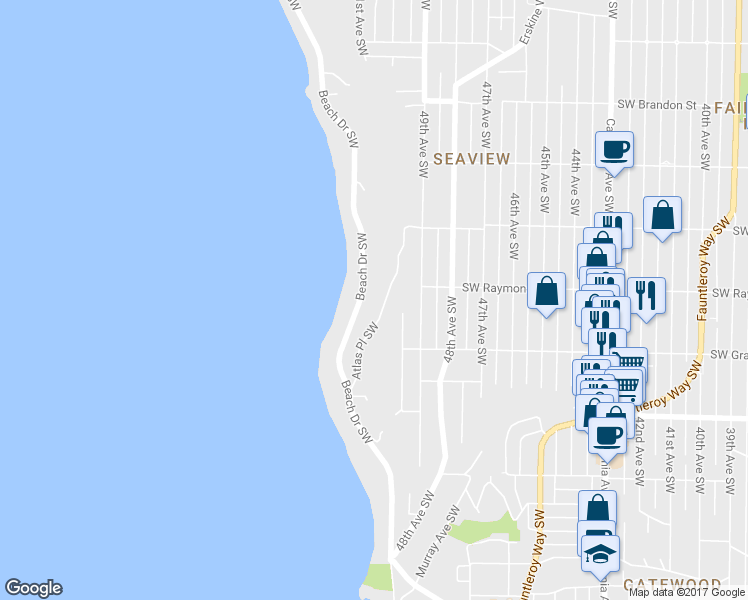 map of restaurants, bars, coffee shops, grocery stores, and more near 6025 Atlas Place Southwest in Seattle