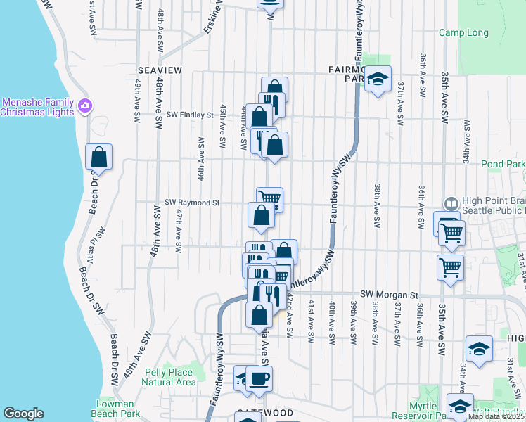 map of restaurants, bars, coffee shops, grocery stores, and more near 6007 California Avenue Southwest in Seattle
