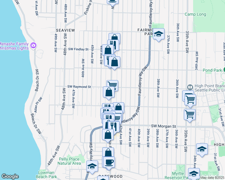 map of restaurants, bars, coffee shops, grocery stores, and more near 4214 Southwest Raymond Street in Seattle