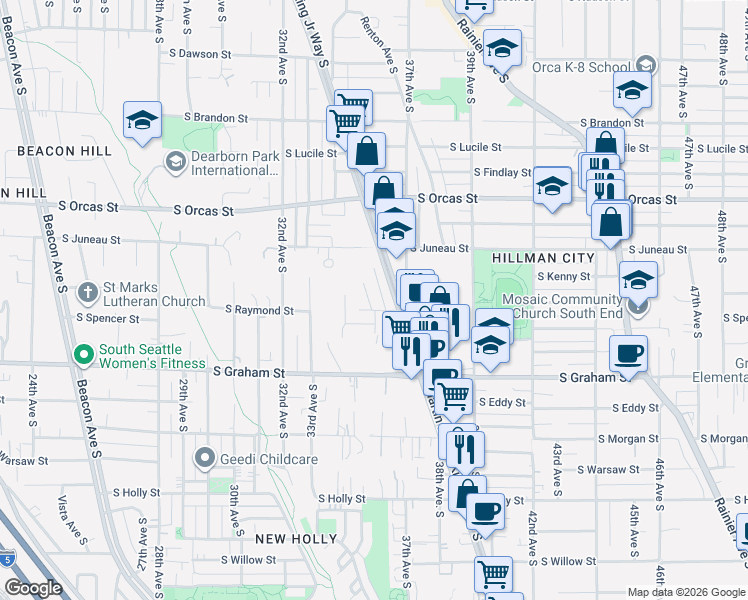 map of restaurants, bars, coffee shops, grocery stores, and more near 5946 36th Avenue South in Seattle